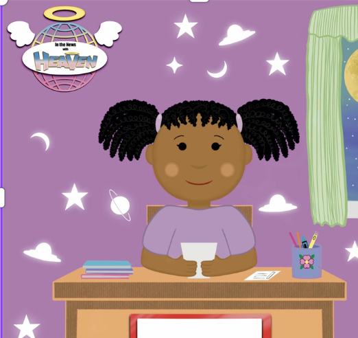Heaven Holms at her desk surrounded by stars and planets